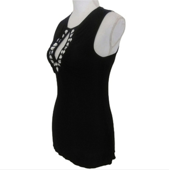 MODA INTERNATIONAL Elegant Black Sleeveless Top Rhinestone Embellished Keyhole - Picture 3 of 8